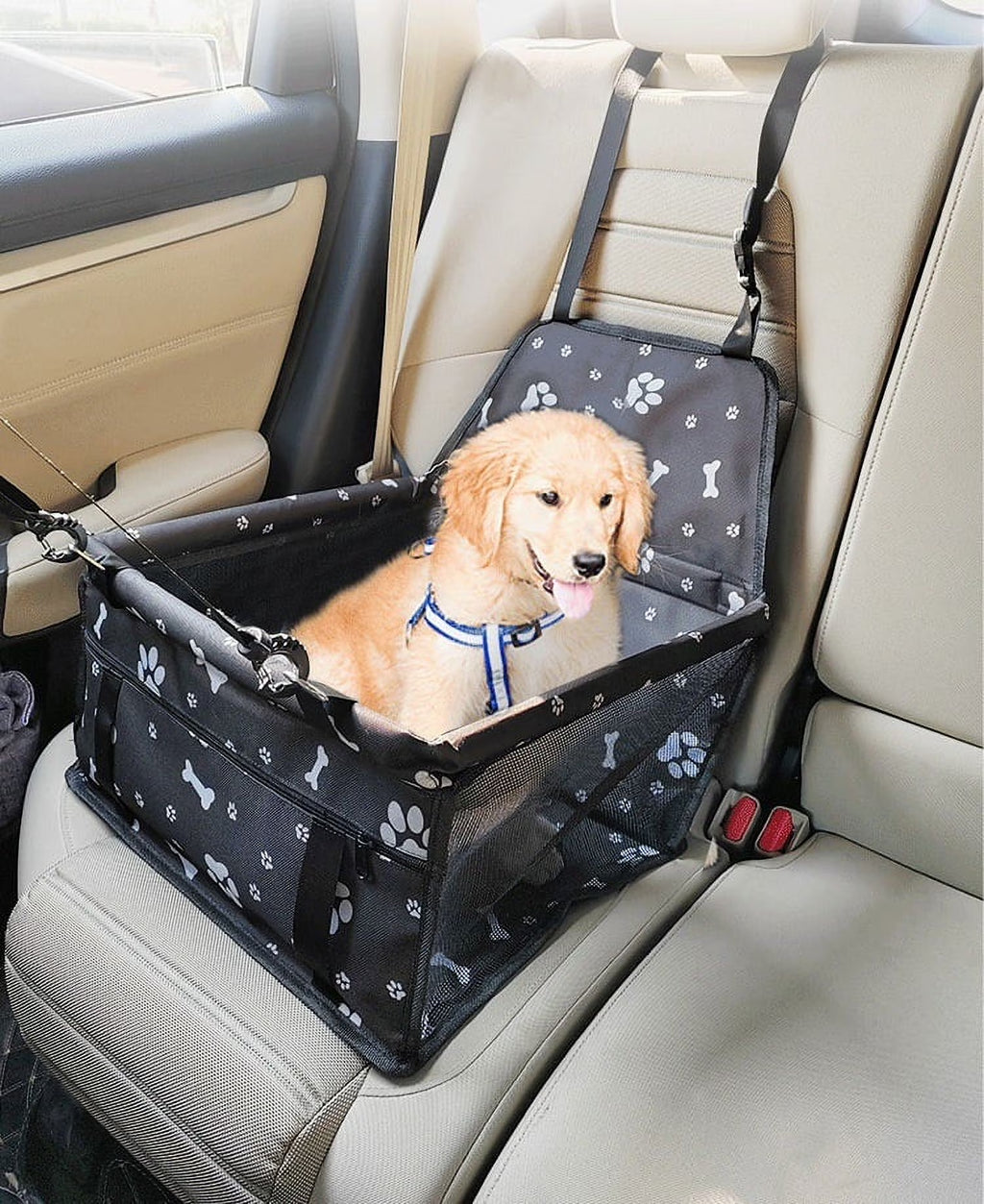 Pet Dog Cat Car Seat Booster for Small & Medium Pets, Portable Breathable Foldable Pet Carrier Seat Safety Anti-Collapse for Travel with Seat Belt, Gray Printed