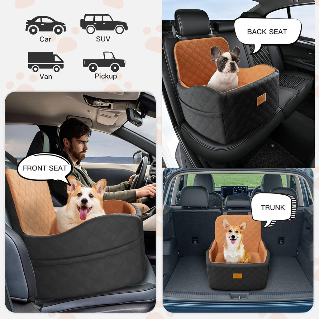 Dog Car Seat for Small/Medium Dogs under 35Lbs, Detachable & Washable Elevated Pet Travel Bed, 2 Storage Pockets & Safety Belt, Anti-Slip Base, Dog Booster Car Seat with Seamless Bottom Design