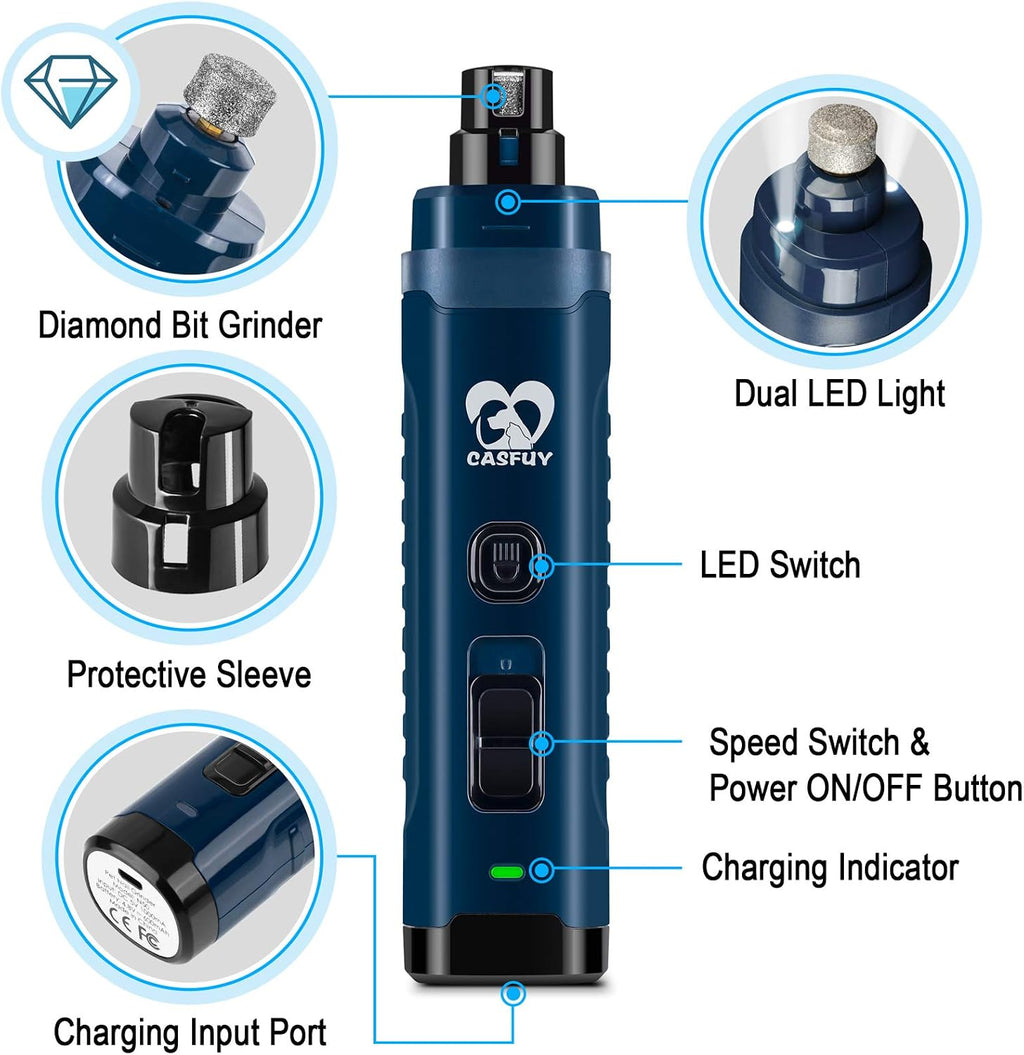 Dog Nail Grinder with 2 LED Light - 4.8V Super Powerful 2-Speed Electric Pet Nail Trimmer for Medium Large Dogs Quiet Rechargeable Painless Paws Grooming & Smoothing Tool (Dark Blue)