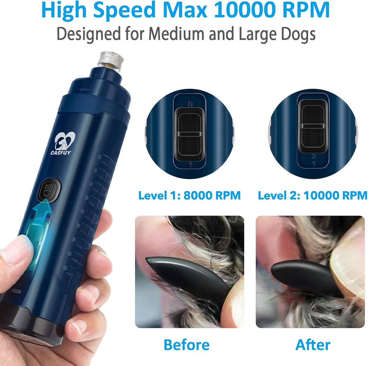 Dog Nail Grinder with 2 LED Light - 4.8V Super Powerful 2-Speed Electric Pet Nail Trimmer for Medium Large Dogs Quiet Rechargeable Painless Paws Grooming & Smoothing Tool (Dark Blue)